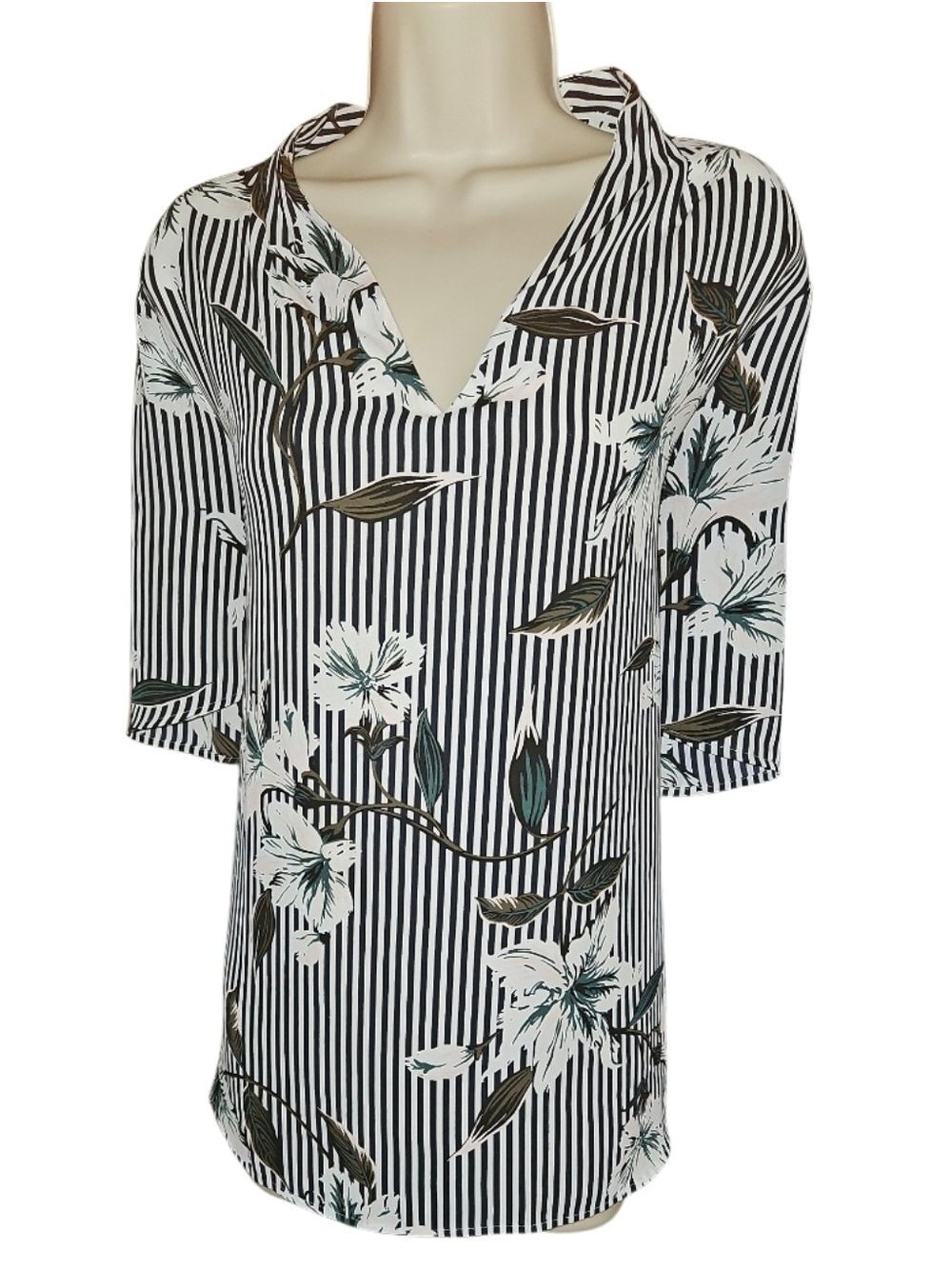Ann Taylor XL Floral Striped V-Neck Blouse Pink Black White Boho Chic Top EUC - Picture 10 of 17